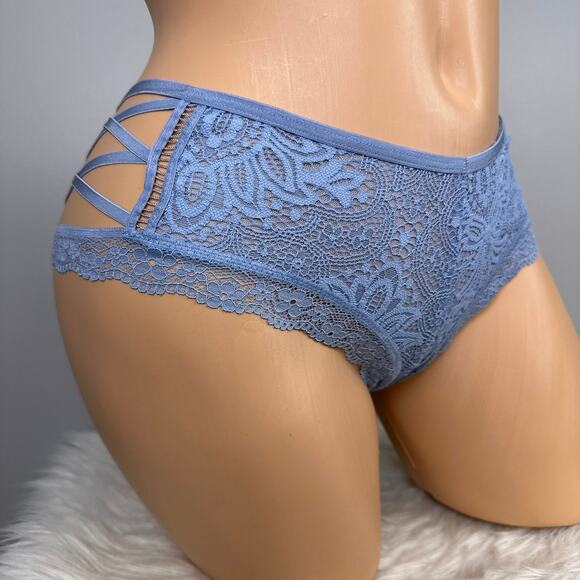 Victoria's Secret Very Sexy Cheeky Panty Size Medium Blue Strappy Mesh Lace - Picture 1 of 9